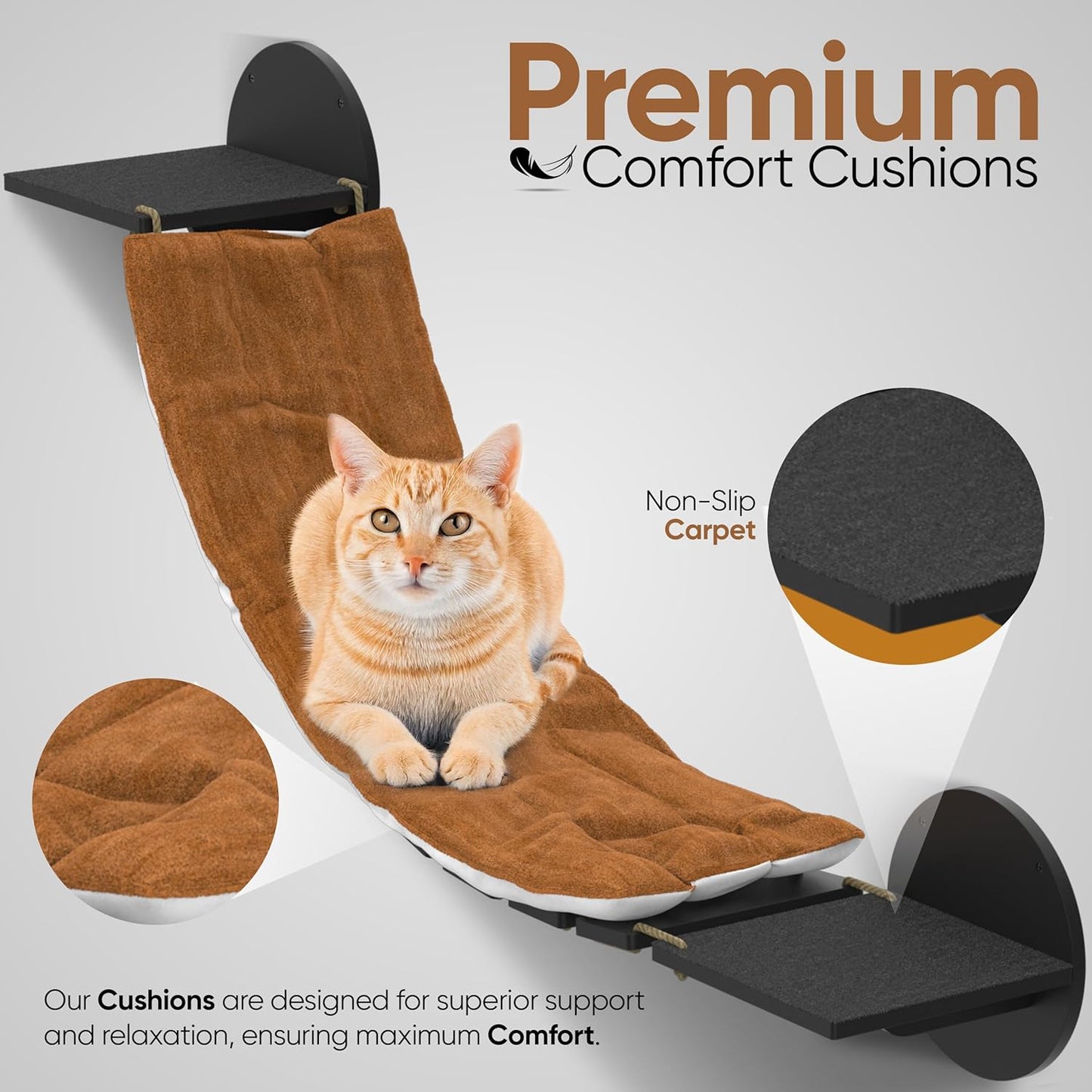 FURRY VIBES Cat Wall Shelves & Perches – 7-in-1 Cat Wall Furniture Set with Bed, Climbing Steps, Scratcher & Bridge Ladder – Black Bamboo Wall Cat Shelf for Indoor Cats