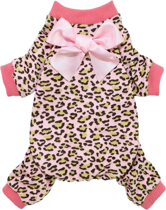 Fitwarm Leopard Dog Pajamas, Fleece Dog Clothes for Small Dogs Girl with Legs, Pet Onesie, Cat Outfit, Pink, Small