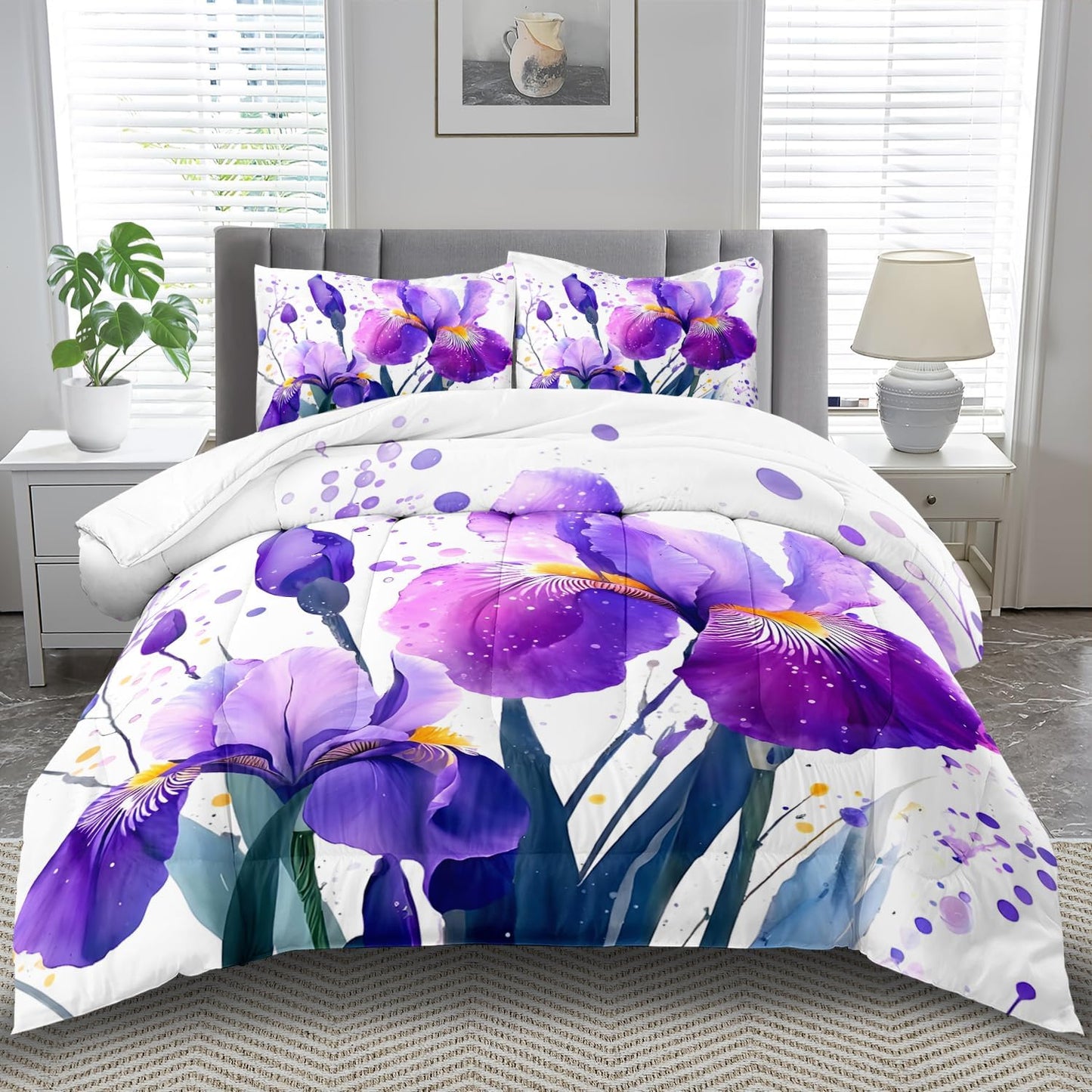 Purple Floral Comforter Set Queen Size Woman,Purple Iris Comforter for Girls,Pink Flower Bedding Set Queen Bedroom Decor,Floral Bedding Quilt Bed Decor Pink for Kids and Adults