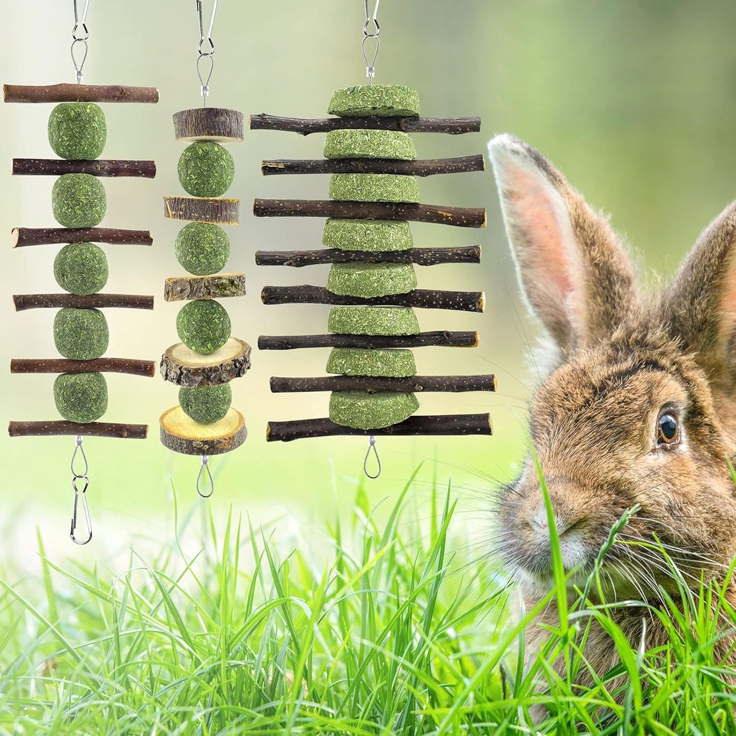 ERKOON Bunny Chew Toys, Rabbit Chew Toys for Teeth Grinding, Improve Dental Health, 100% Natural Apple Wood Timothy Grass Cake Treats for Rabbits Guinea Pigs Chinchillas Bunnies Hamsters (7 Pcs)