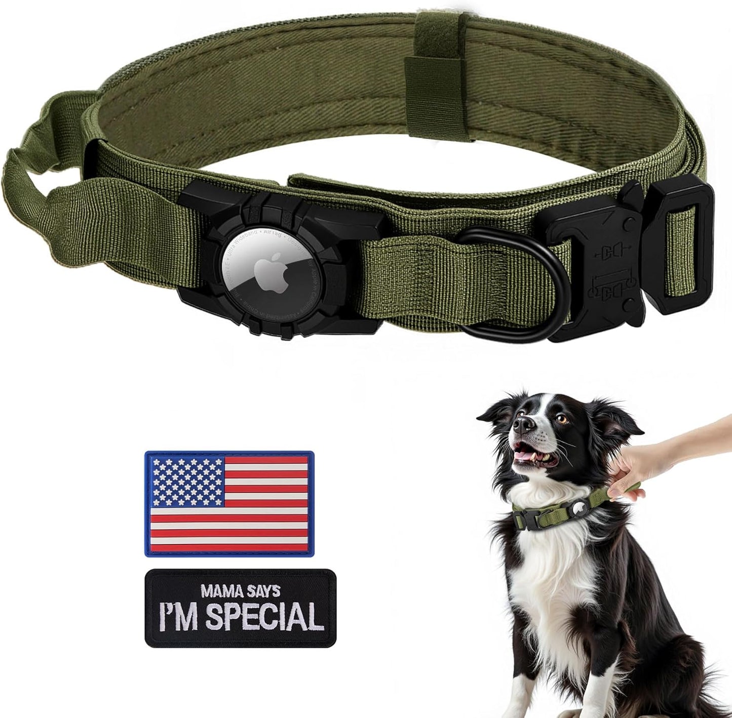 Tactical AirTag Dog Collar - Heavy Duty, Adjustable GPS Collar Compatible with Apple AirTag, with Holder & Control Handle for Medium/Large Dogs [ Green, XL ]