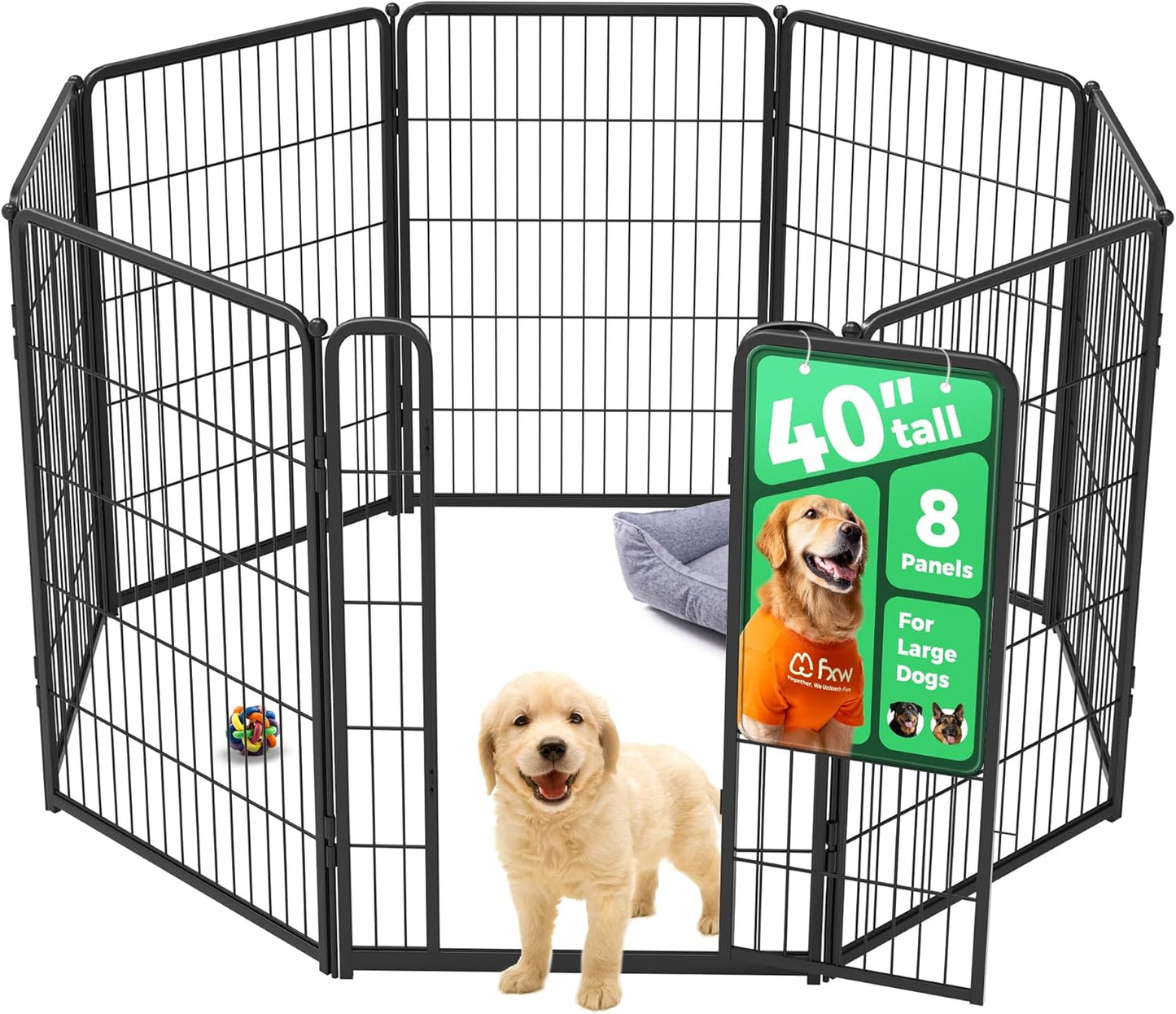 FXW Homeplus Unleashed Indoor Dog Playpen - Stress-Free and Safe Play, Heavy Duty 40 Inch 8 Wire Panels Dog Pen for Medium and Large Dogs, Black│Patented