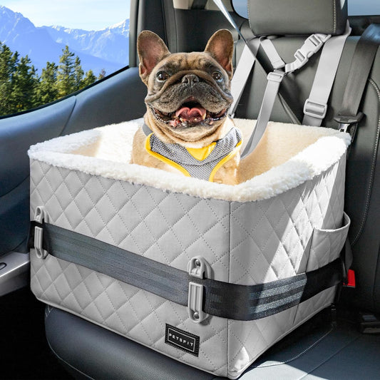 PETSFIT Small Dog Car Seat, Soft Foam Dog Booster Car Seat with Patented Safety Buckles, Storage Pockets and Detachable Clip-On Safety Leash, Dog Car Seat for Medium Dogs 30 LBS (Grey)