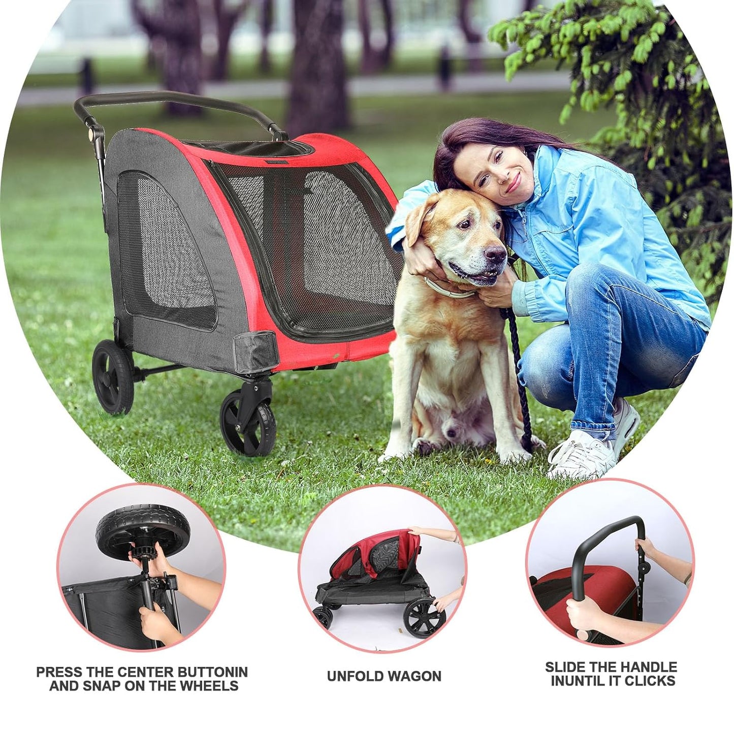 Large Dog Travel Stroller with 4 Heavy Duty Wheels Pet Stroller with Adjustable Handle - Double Doggie Capacity Jogger Wagon with Back Front Door for Small Medium Large Dogs (Red-Black)