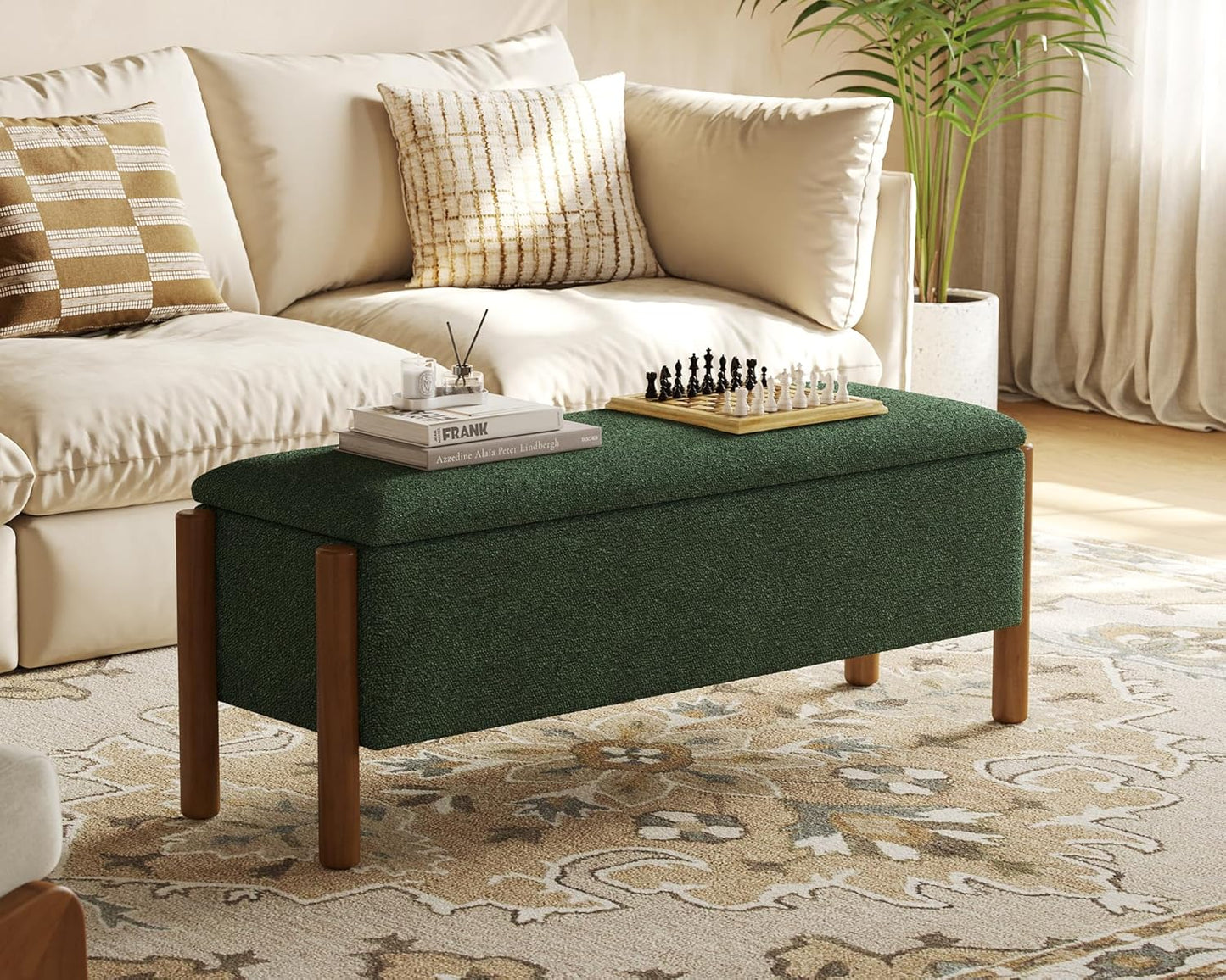 Storage Ottoman Bench, End of Bed Bench for Bedroom, 47" Boucle Upholstered Entryway Shoe Seat Benches, Holds up to 660 lb Storage Ottoman, Padded Blanket Chest Stool Foot Rest for Living Room Green