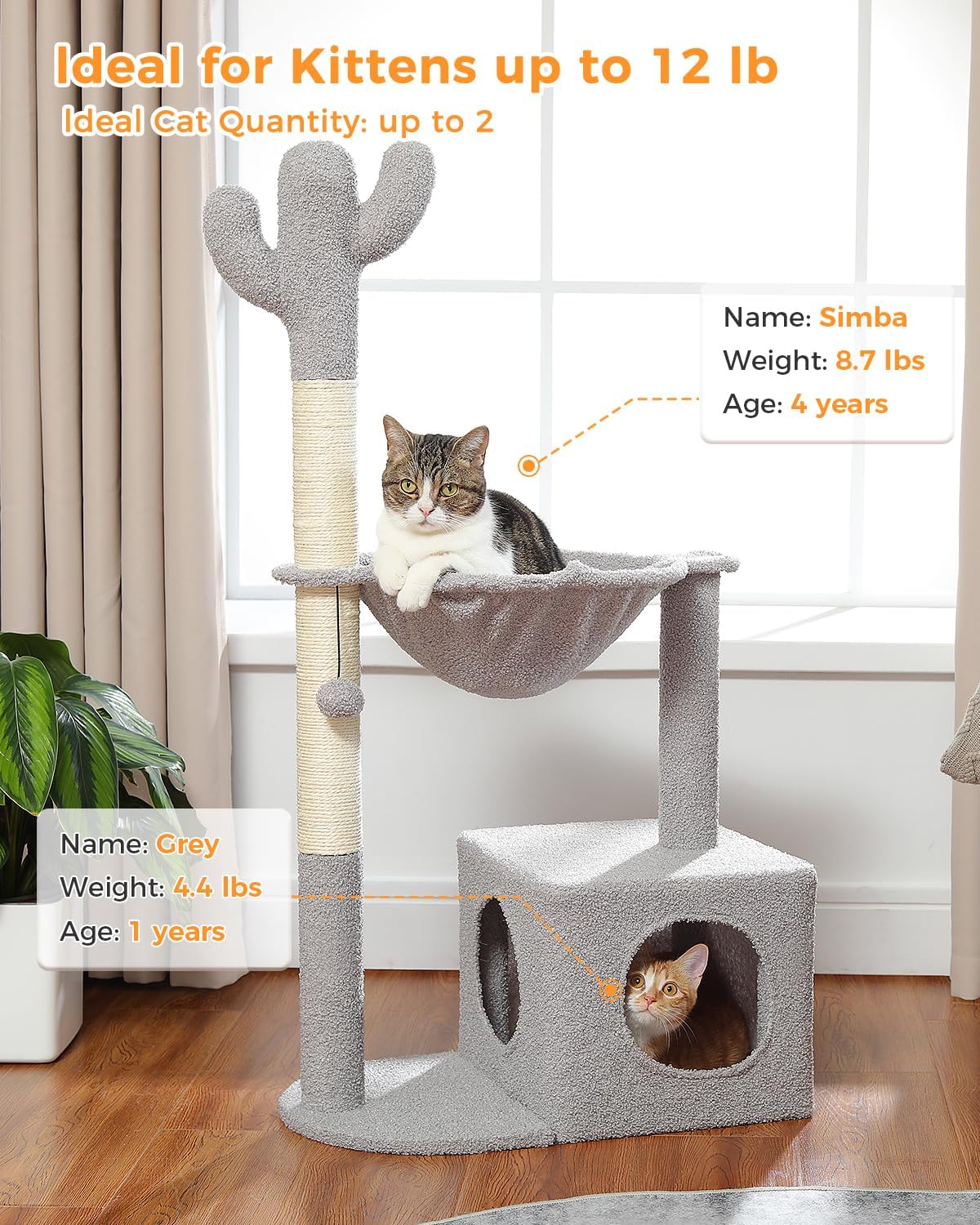Cactus Cat Tree Cat Scratching Post 40" Cat Tower with Large Metal Carpet Hammock, Cat Scratching Post for Indoor Cats with Condo& Dangling Ball, Grey