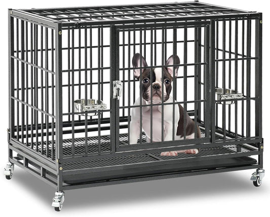 Homey Pet 37 Inch Heavy Duty Dog Crate for Medium Dogs, Stackable Dog Cage with Four Lockable Wheels, Removable Tray & Grid, Open Top, Escape Proof Dog Kennel Indoor