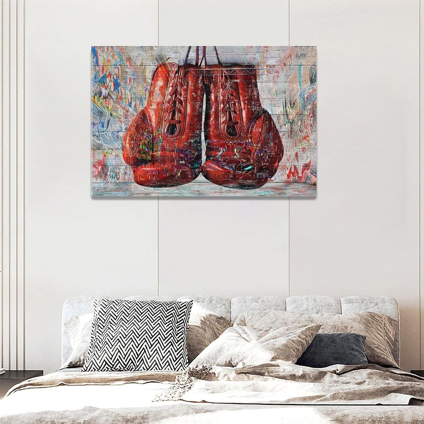 Quorin Banksy Graffiti Boxing Wall Art Red Boxing Gloves Pictures Gym Sport Wall Decor Canvas Print Painting Artwork for Gym Living Room Bedroom 16"x24"