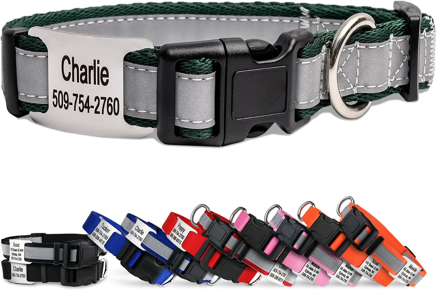 GoTags Reflective Personalized Dog Collar with Nameplate, Adjustable Dog Collar with Custom Engraved Steel Slide On Pet ID Tag, Silent, No Noise Dog Tag for Large Medium or Small (Hunter Green, Small)