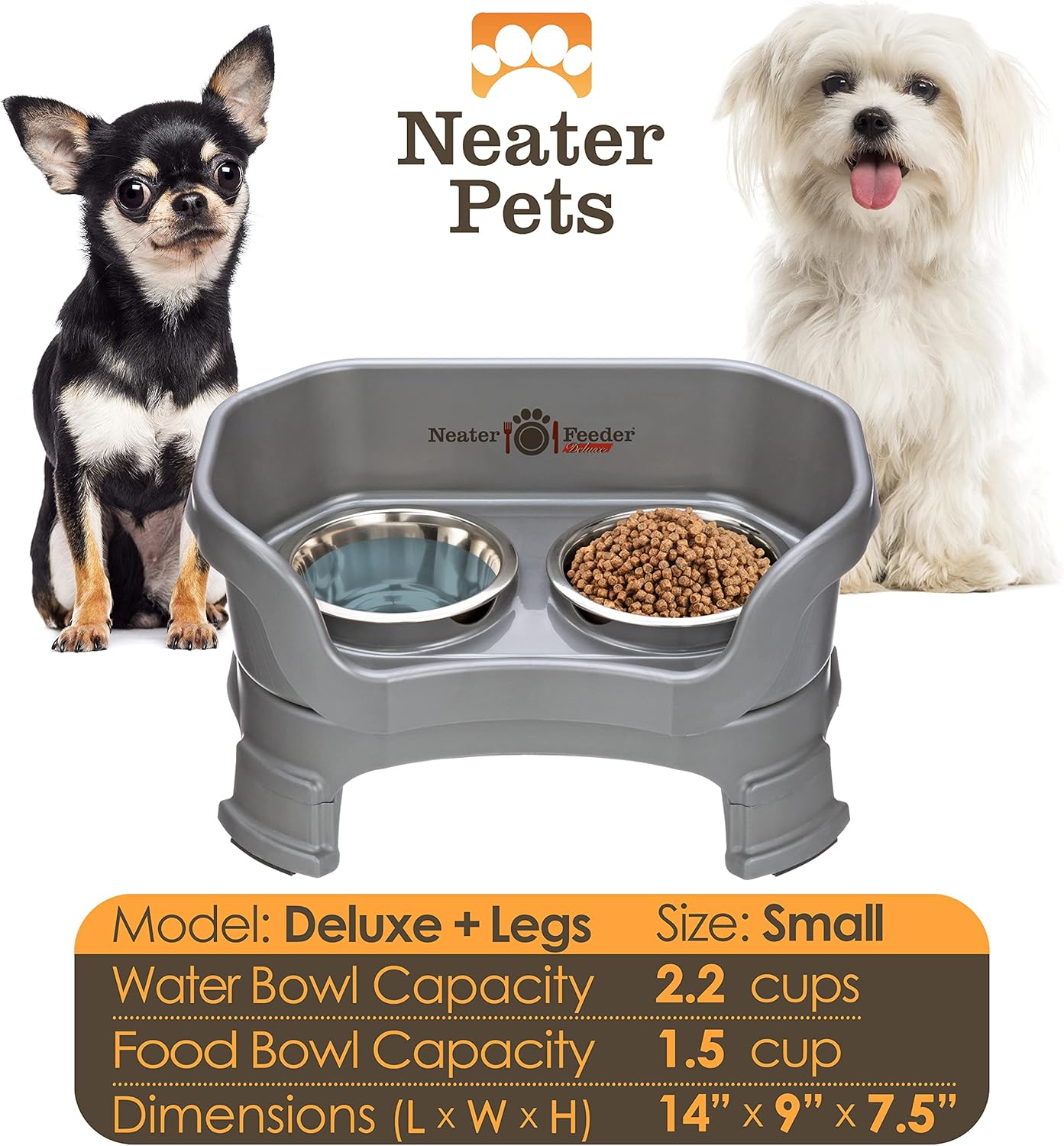 Neater Feeder Deluxe Mess Proof Dog Bowls Elevated for Small Breeds – Made in USA – No Spill Raised Dog Food Bowl Stand w/Leg Extensions – Stainless Steel Dog Food and Water Bowl Set – Grey