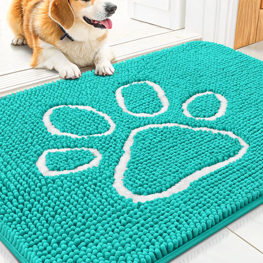 Smiry Dog Door Mat for Muddy Paws, Absorbent Dirt Trapper Non Slip Quick Dry Washable Chenille Mat for Mud Dogs, Entry Rug for Indoor and Outdoor (30x20 Inches, Turquoise)