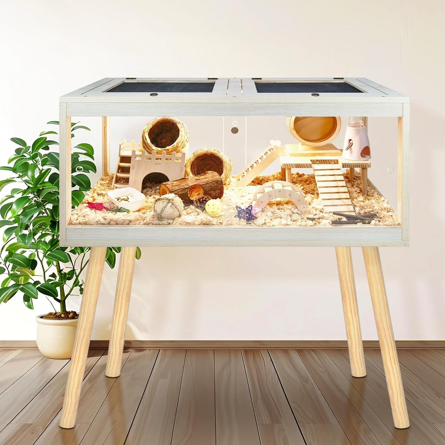 Prolee Hamster Cage Chewproof, Mice and Rat Habitat with Transparent Sides, Hamster Cage with Openable Mesh Top, Solid Built with Lock Design and Leg Stand, 48" inch