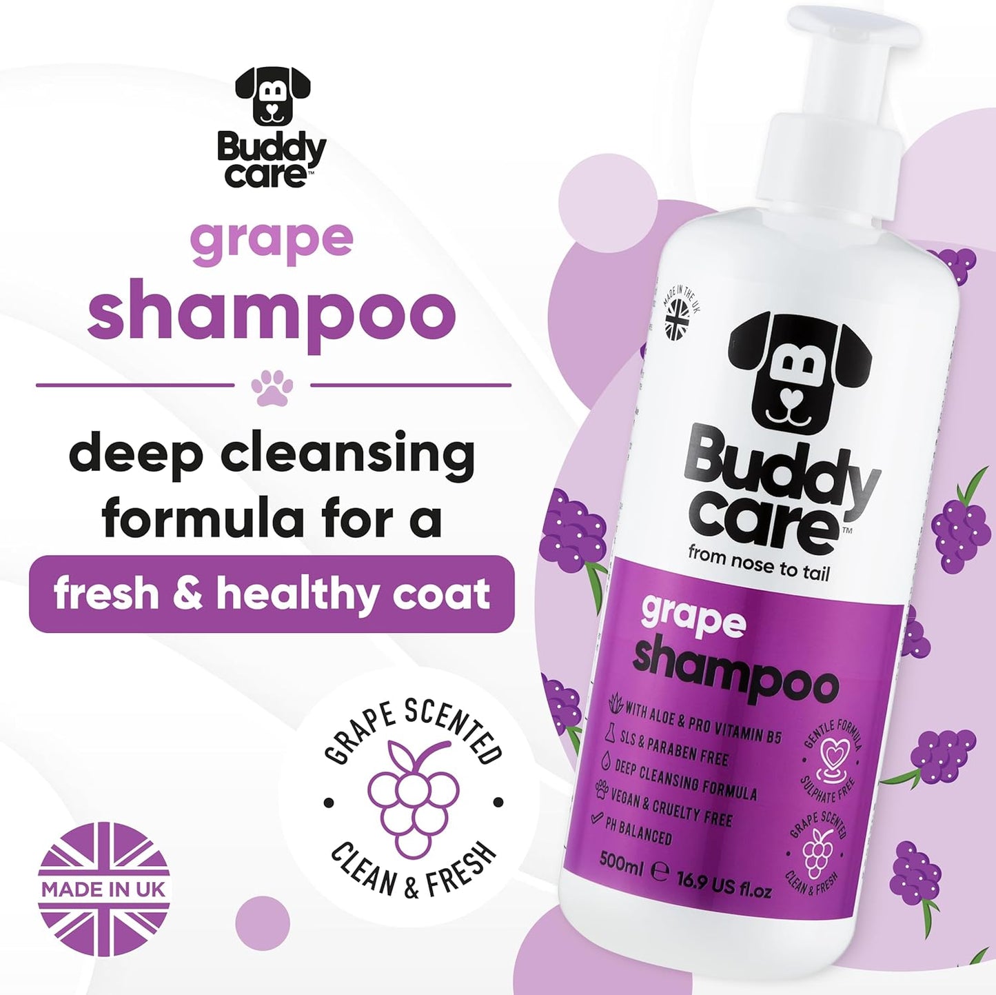 Grape Scented Puppy Shampoo by Buddycare | For Smelly Dogs from 8 Weeks | Aloe Vera & Pro Vitamin B5 (16.90oz)