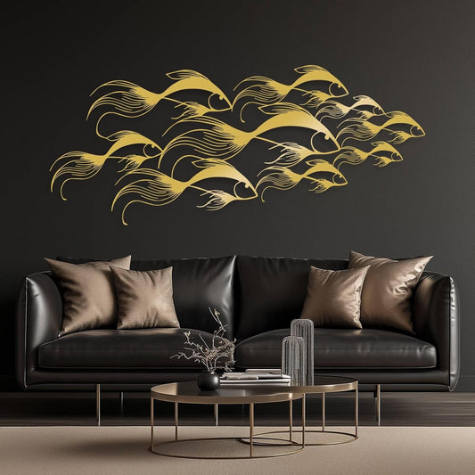 School of Fish Metal Wall Art, Metal Fish Wall Decor, Sea Life Wall Art, Large Nautical Wall Hanging, Modern Beach House Wall Decor, Ocean Themed Artwork for Bathroom (Gold, 35"x15" | 90x38cm)