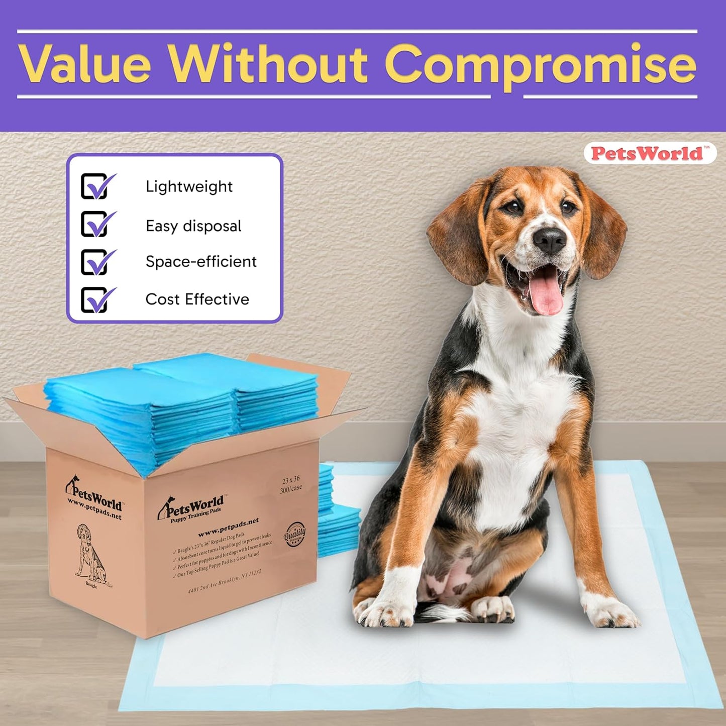 PETSWORLD Puppy Pads, 23x36 Inch, 200 Count - Puppy Pee Pads for Dogs, Tear Resistant, Economy Value, Super-Absorbent Polymer Gel Core, Perfect for Puppies, Smaller Dogs