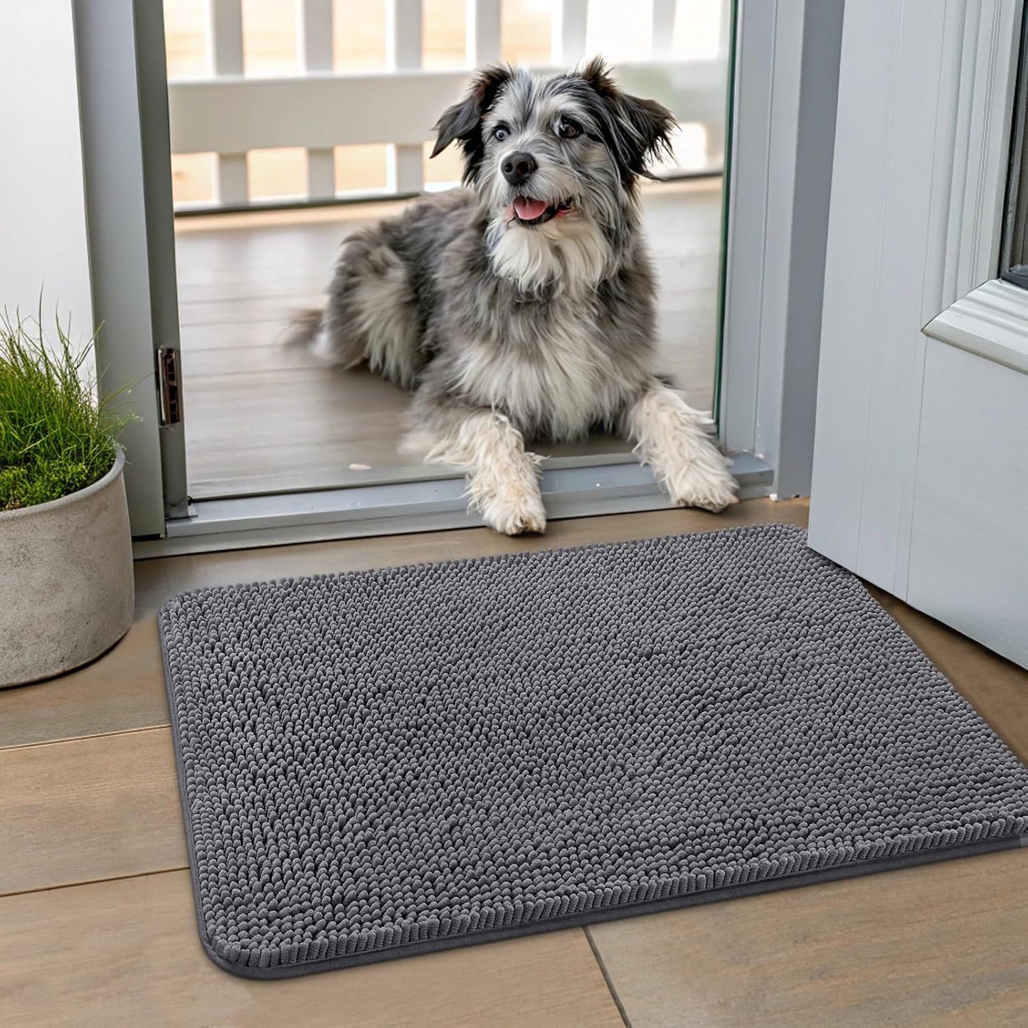 Smiry Dog Door Mat for Muddy Paws 24x16, Absorbs Moisture and Dirt Doormat, Non-Slip Washable Quick Dry Chenille Front Door Mat Indoor Entrance, Entryway Carpet for Inside Floor, Dark Grey