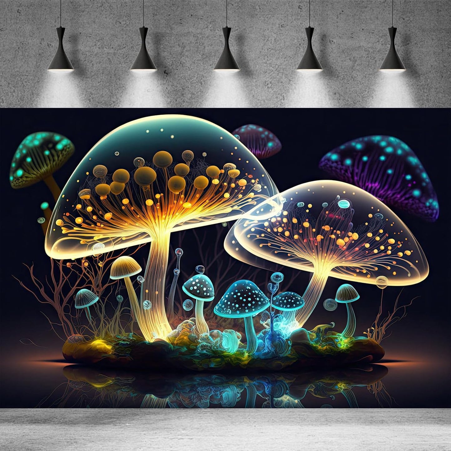 Mushroom Aquarium Background Abstract Glowing Fantasy Mushrooms Terrarium Background Mysterious Forest Magical Night In Circle Shape Crystal Glass Fish Tank Backdrop Decorations Vinyl 24x16in