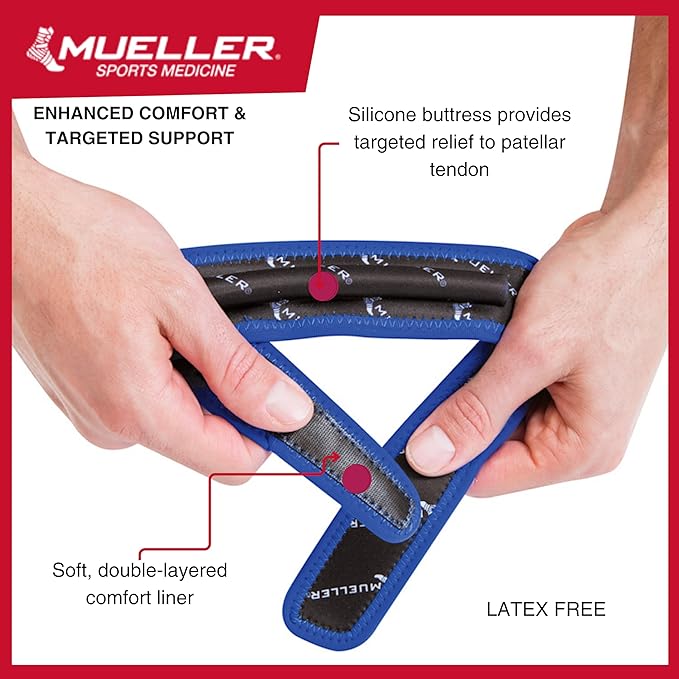 MUELLER Sports Medicine Jumper's Knee Single Strap, Knee Pain Relief Support for Men and Women, Ideal for Osgood-Schlatter's, Runner's Knee, Patellar Tendinitis, One Size