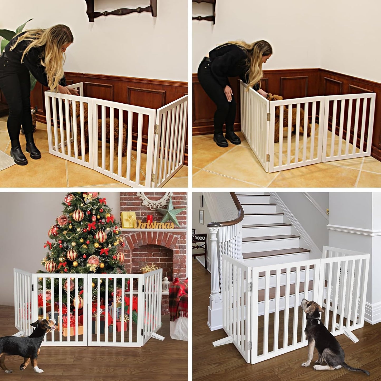 ZJSF Freestanding Indoor Dog Gate for House Foldable Wood White Puppy Gate for Doorways Pet Gate for Stairs Extra Wide Pet Fence 32" Height 4 Panels