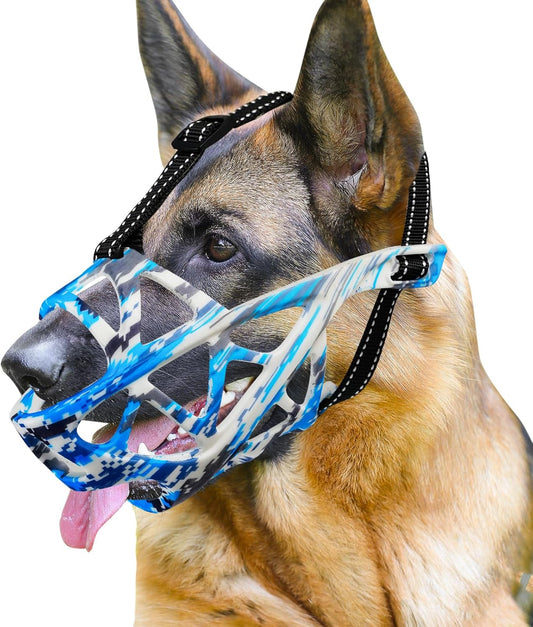 Dog Muzzle for Large Dogs, Medium and X-Large Aggressive Dog, Breathable Basket Muzzles, Suitable for Grooming Trimming Training, Allows Panting Drinking (Camouflage Blue, L)