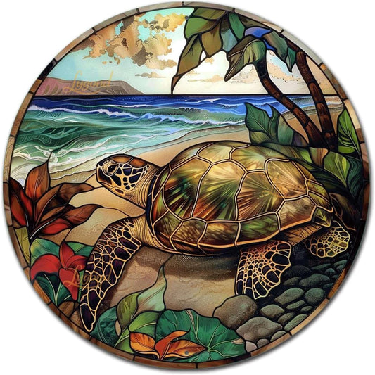 Lygond Metal Stained Glass Turtle Tin Sign for Home Decor - 1212 Inches