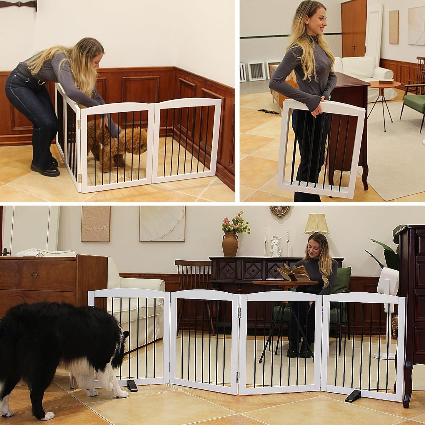 ZJSF Freestanding Foldable Indoor Dog Fence for Stairs Wood White Long Pet Gates for Dogs, Dog Gates for Hallways,Puppy Gates for House Support Feet Included 24 "Height-2 Panels