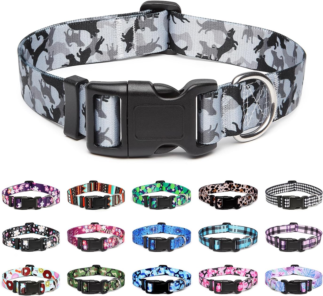 Mercano Adjustable Dog Collar - Special Design Patterns, Soft Nylon Comfortable Durable Pet Collar for Small Medium Large Dogs (L, Dog Camouflage Grey)