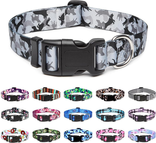 Mercano Adjustable Dog Collar - Special Design Patterns, Soft Nylon Comfortable Sturdy Pet Collar for Small Medium Large Dogs (M, Dog Camouflage Grey)