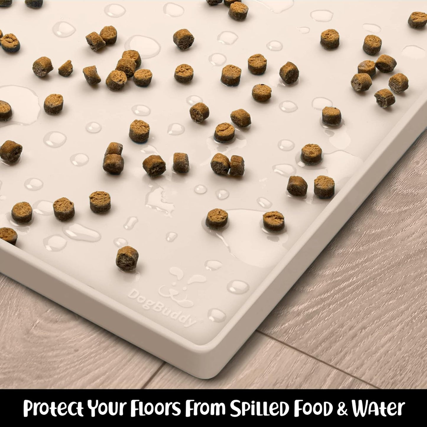 DogBuddy Dog Food Mat – Waterproof Dog Bowl Mat for Food and Water, Silicone Pet Feeding Mats for Floors, Non-Slip Placemat with High Edges for Dogs Bowls, Puppy Essentials (XS: 11" x 11", Vanilla)