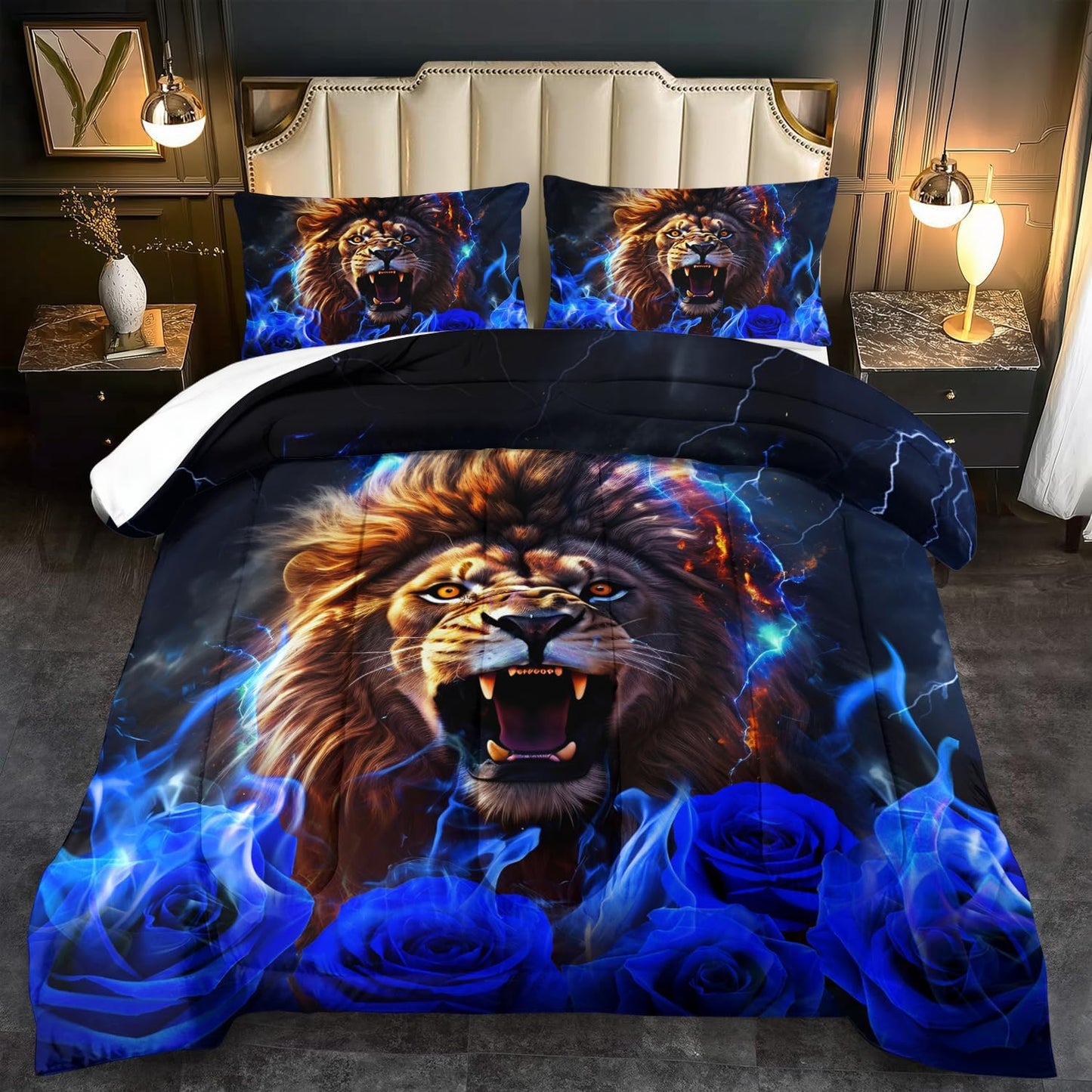 Lion Blue Comforter Set Full,Lion Bedding Set Boys,Animal Print Comforter Bedroom Decor for Home,Vintage Floral Quilt,Blue Flower Bedding Adult,Tiger Quilt Bed Decor Teen