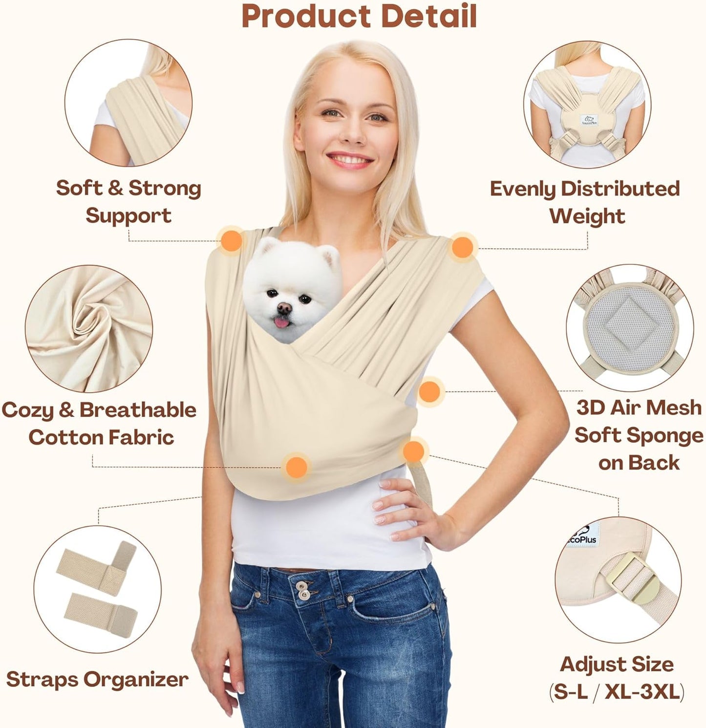 Dog Carriers for Small Dogs, Front Facing Dog Sling Carrier, Hands Free Cat Carrier, Size Adjustable, Reducing Back Pain, Premium Cotton, Safe and Soft Dog Carrier (Regular, Beige)