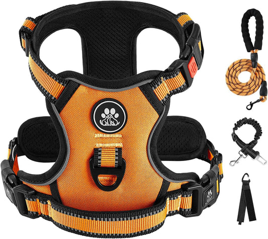 IVY&LANE No Pull Dog Harness for Large Dogs, Dog Vest Harness with Leash, Safety Belt and Storage Strap, Fully Adjustable Harness, 360° Reflective Strip, Soft Handle (Orange,X-Large)