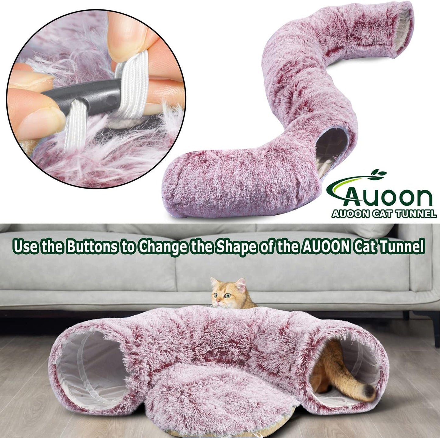 AUOON Cat Tunnel Bed for Indoor Cats - Circle Peekaboo Cat Cave with Washable Mat for Indoor Cats Kitten Kitty Puppy Rabbit Ferret (Rosiness)