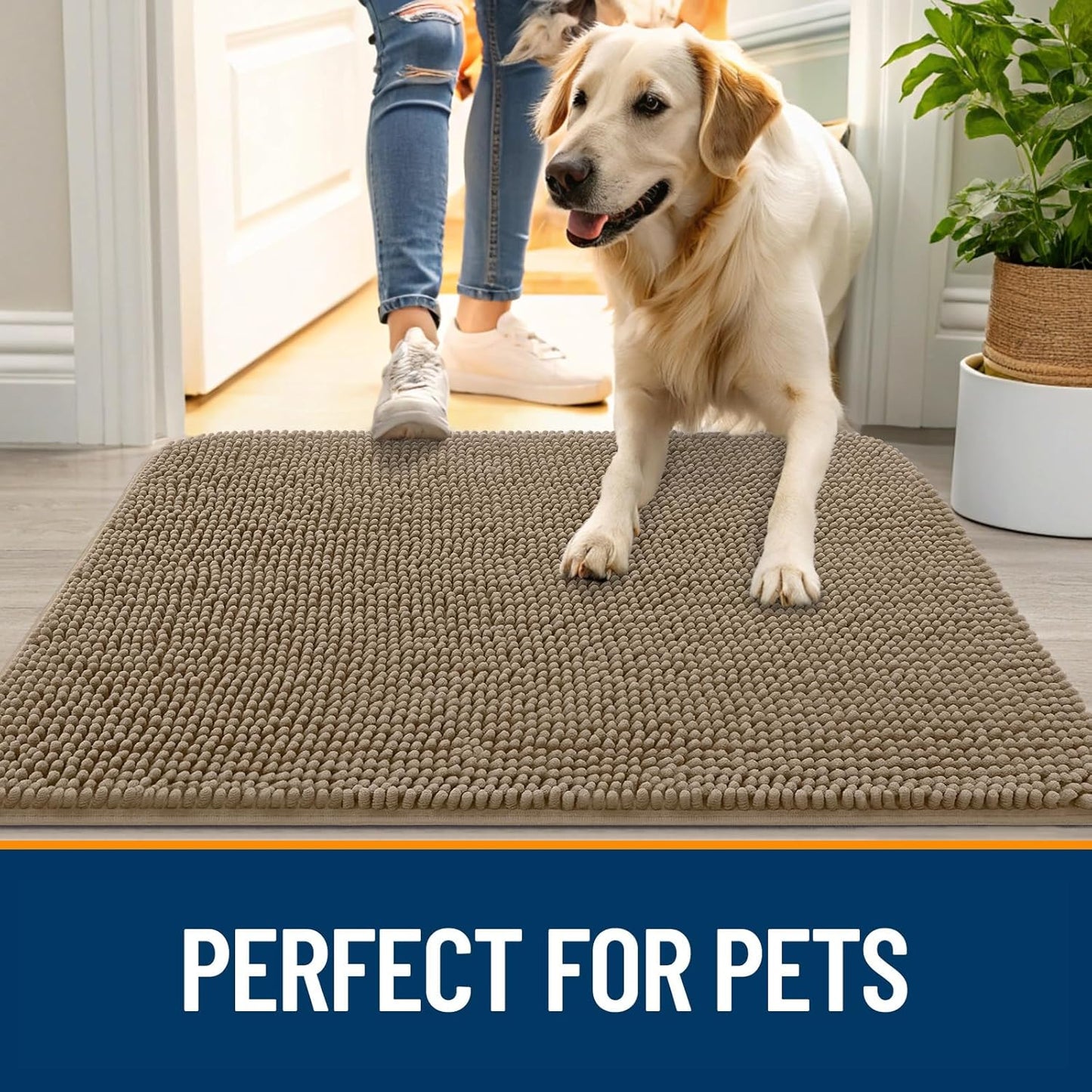 OLANLY Dog Door Mat for Muddy Paws 70x24, Absorbs Moisture and Dirt, Absorbent Non-Slip Washable Doormat, Quick Dry Chenille Mud Mat for Dogs, Entry Indoor Entryway Carpet for Inside Floor, Tan