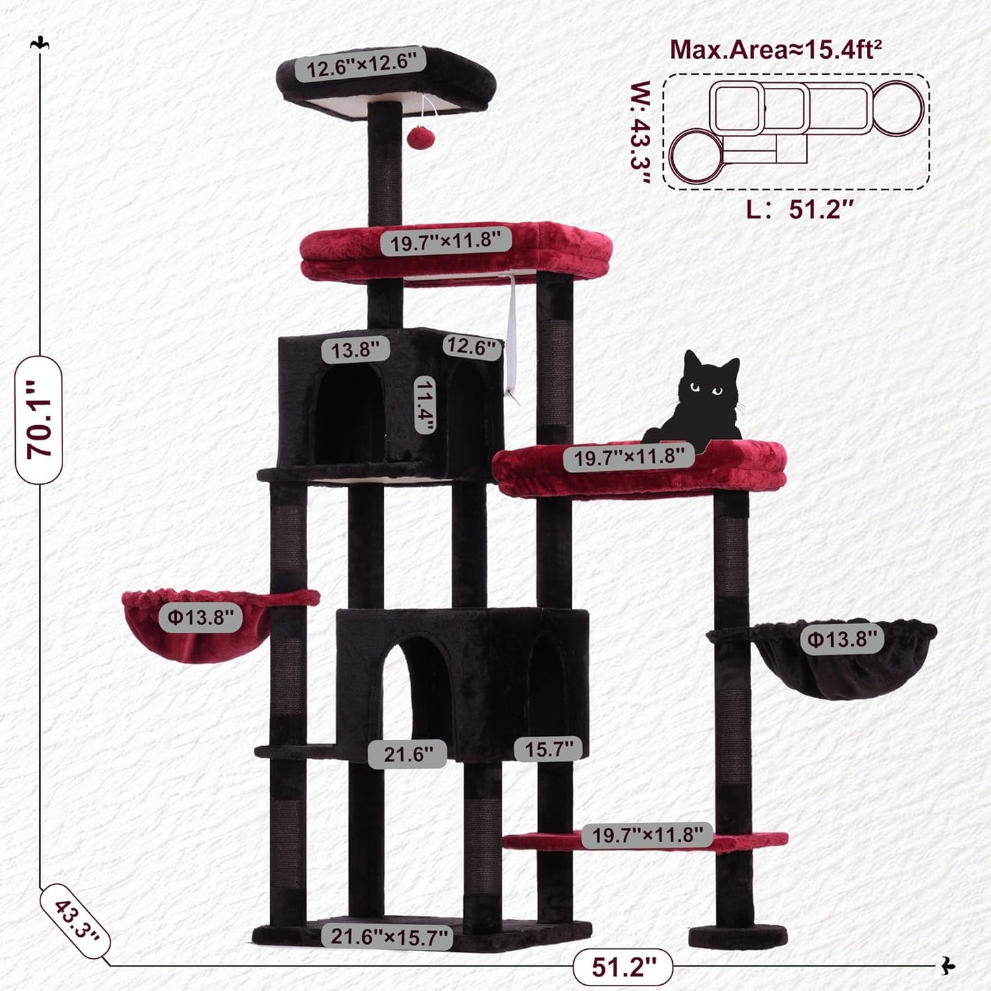 Hey-brother Cat Tree Tower, Scratching Posts with a Extended Part, Wide Platforms, Cozy Condos, Hammocks, Sisal Columns and Ball for Indoor Cats, 70.1 Inches, Black and Red MPJ038BR
