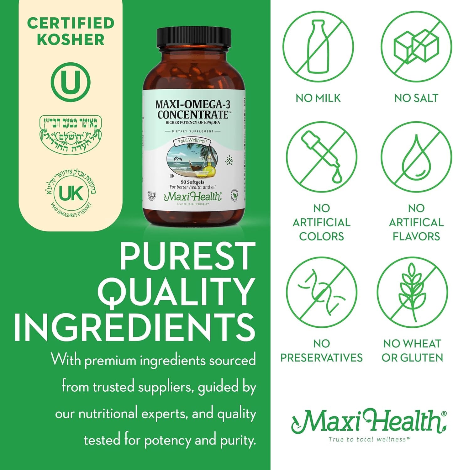 Maxi Health Omega 3 Supplement - Omega-3 Fish Oil Concentrate - Higher Potency Source of EPA/DHA Fatty Acids - Heart, Brain & Joint Health - Kosher Certified Wild Caught Fish - 90 Vegetarian Softgels