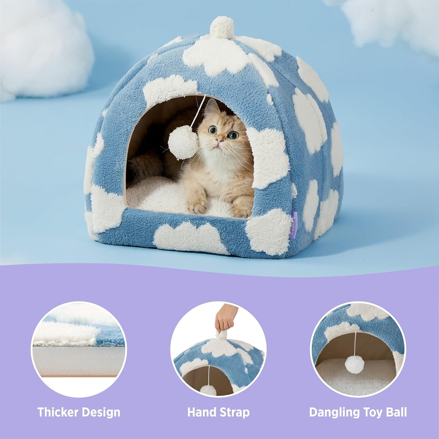 Lesure Cute Cat Beds for Indoor Cats - 2 in 1 Cat Cave Bed for Kittens and Small Pets with Removable Washable Cushioned Pillow, Cozy Kitten Tent with Non-Slip Bottom, Blue, 16 inches