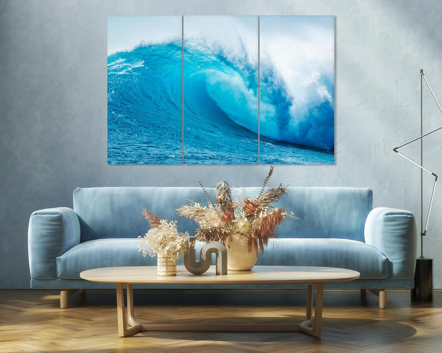 Nature Wall Art Prints - Ocean Forest Mountain Lake Canvas Landscapes - Small to Extra Large Living Room Bedroom Kitchen Bathroom Décor (Blue Ocean Wave, 55L" x 83W"- 3 Panels)