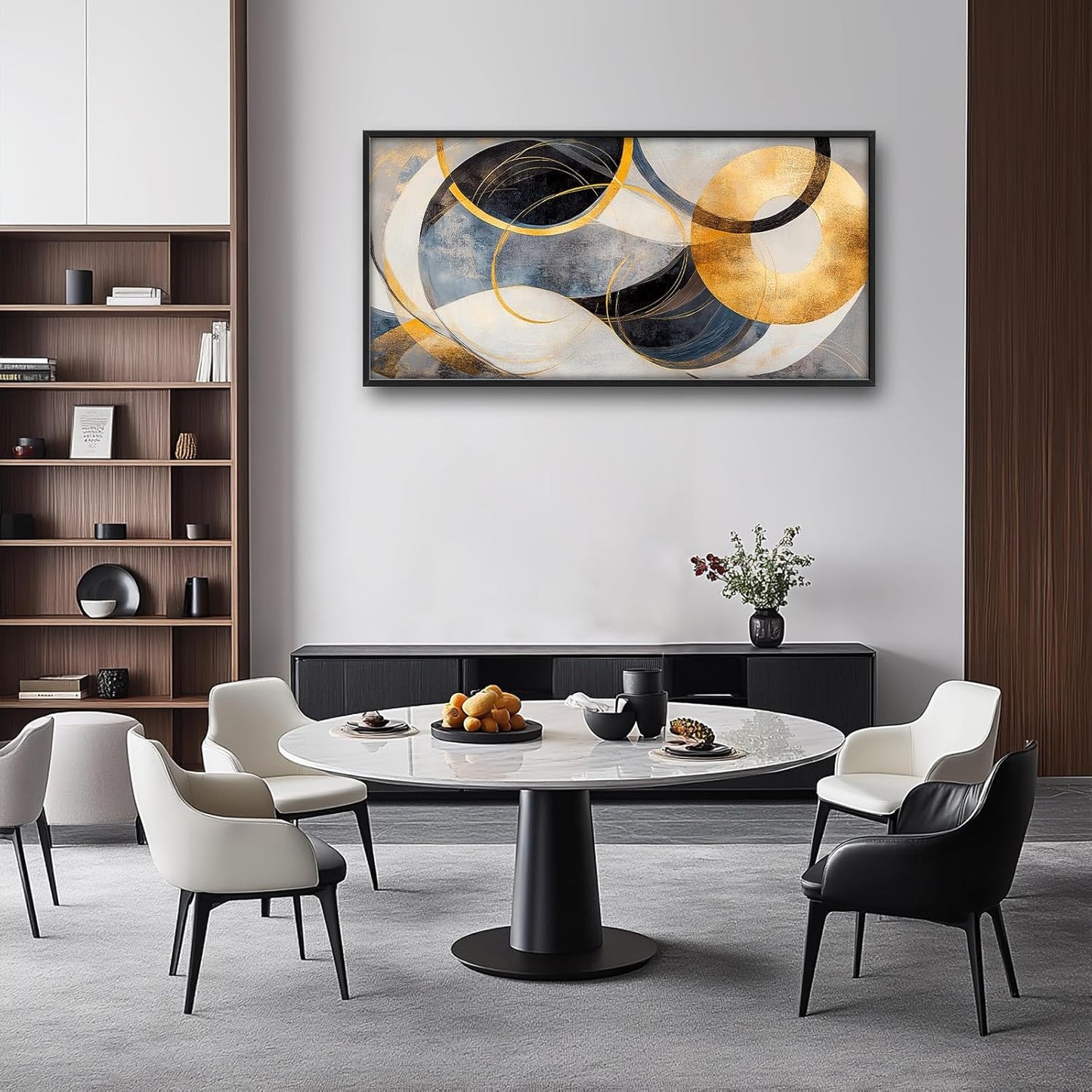 Large Abstract Wall Art for Living Room, Oversized Abstract Circle Wall Decor, Black and Golden Abstract Canvas Painting Modern Artwork Home Decoration for Living Room Bedroom Office Framed 60"x30"