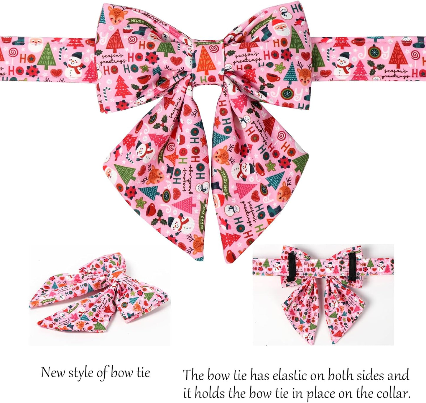 Lionet Paws Christmas Dog Collar with Sailor Bow, Cute Ho Christmas Tree Snowman Pink Dog Collar Bow Tie for Puppies and Cats, XS, Neck 8-12 inches