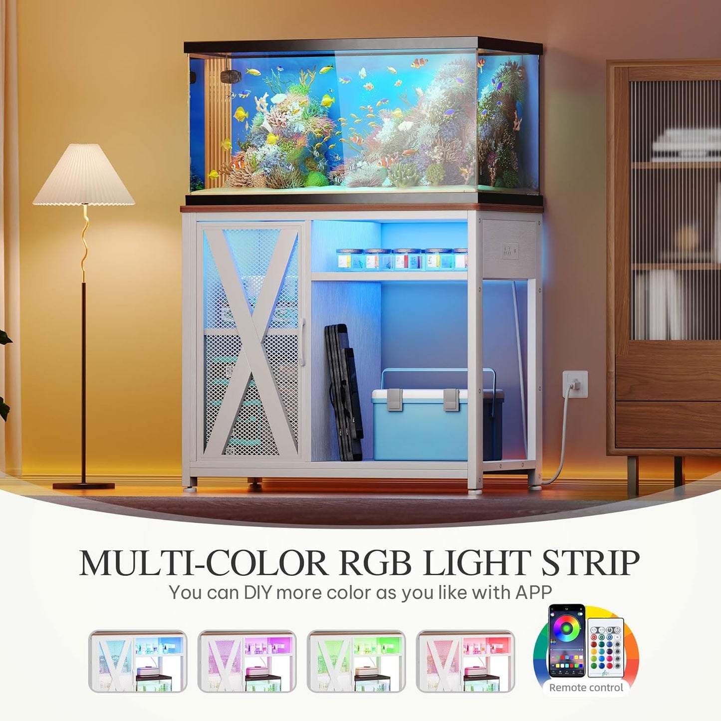 YITAHOME Fish Tank Stand with Power Outlets & LED Light, 40-50 Gallon Metal Aquarium Stand with Cabinet for Fish Tank Accessories Storage for Turtle Tank, Reptile Terrarium, 660LBS Capacity, White