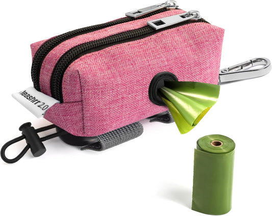 Dog Poop Bag Holder for Leashes - Dog Poop Bag Dispenser and Treat Holder with 2 Waterproof Pouches for Pet Waste Bags and Walking Accessories + 1 Free Roll - Leashrr 2.0 (Pink)