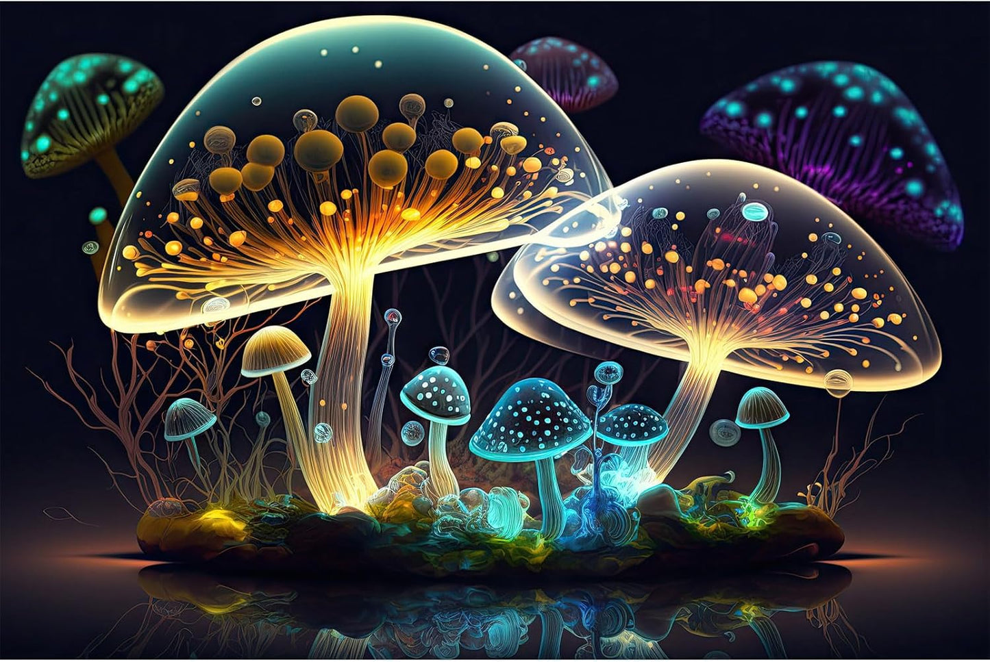 Mushroom Aquarium Background Abstract Glowing Fantasy Mushrooms Terrarium Background Mysterious Forest Magical Night In Circle Shape Crystal Glass Fish Tank Backdrop Decorations Vinyl 72x18in