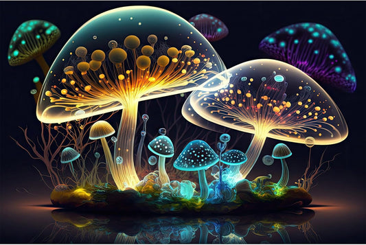 Mushroom Aquarium Background Abstract Glowing Fantasy Mushrooms Terrarium Background Mysterious Forest Magical Night In Circle Shape Crystal Glass Fish Tank Backdrop Decorations Vinyl 30x18in