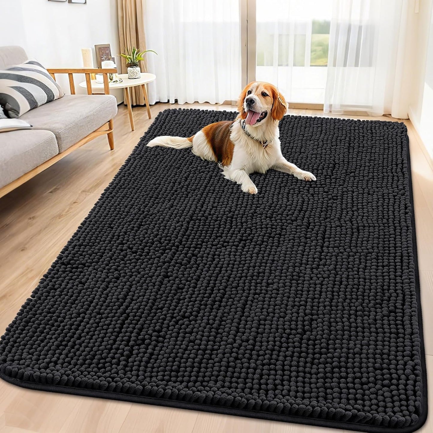 Smiry Dog Door Mat for Muddy Paws 71x46, Absorbs Moisture and Dirt Doormat, Non-Slip Washable Quick Dry Chenille Front Door Mat Indoor Entrance, Entryway Carpet for Inside Floor, Black
