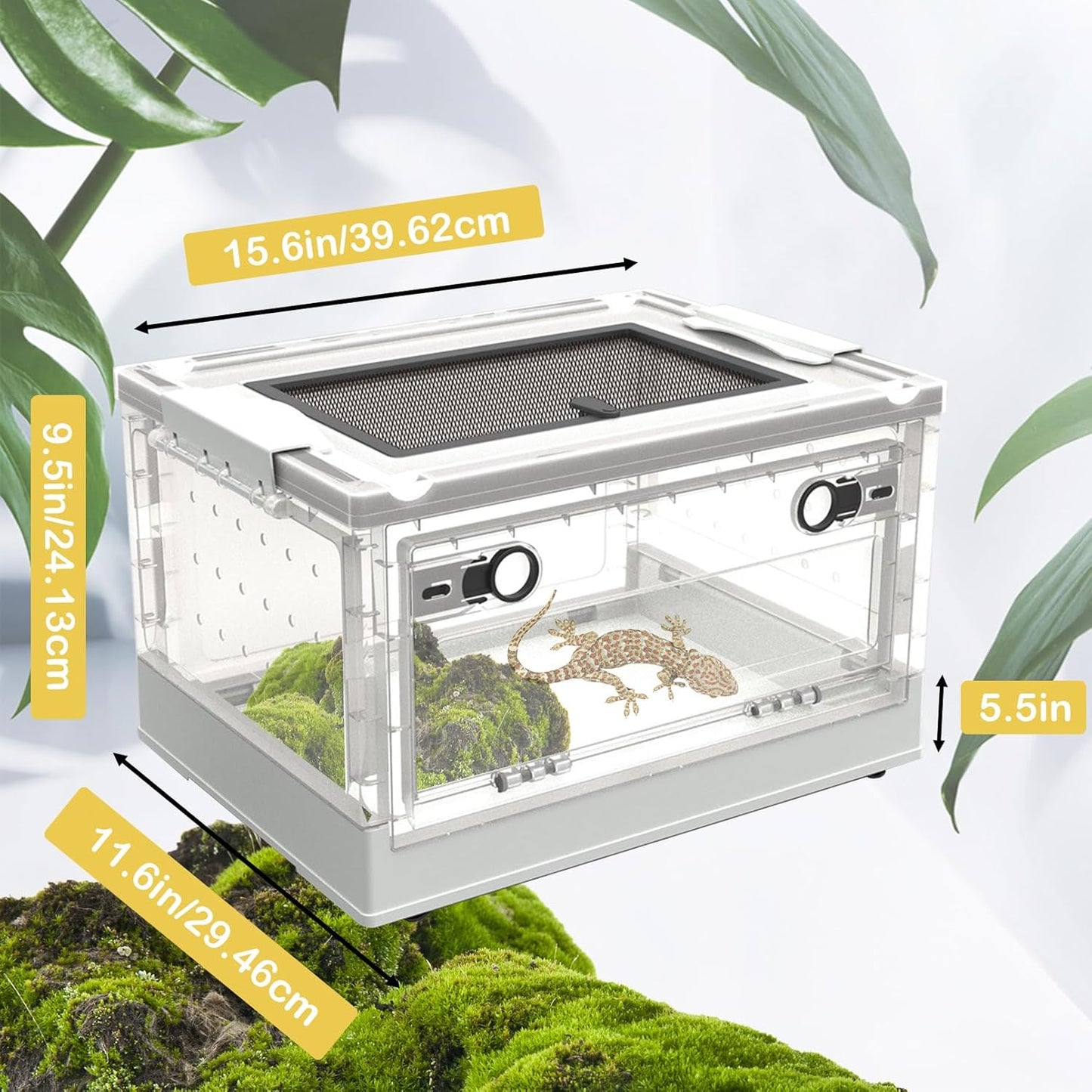 PINVNBY Plastic Reptile Feeding Box with Wheels,Reptiles Breeding Enclosure Cages Transparent Amphibians Habitat Terrarium Tank Portable Transport Container for Lizard,Bearded Dragon(White)