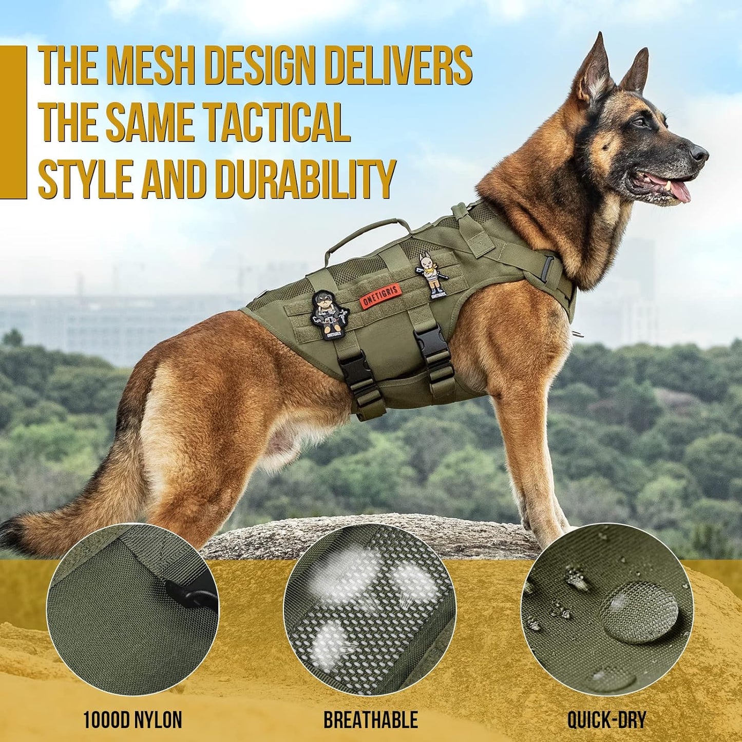 OneTigris Tactical Dog Harness for Small Dogs, No Pull Small Dog Vest Harness Breathable Military Dogs Molle Vests with Handles, Harness for Walking Hiking Training (Green, XS)