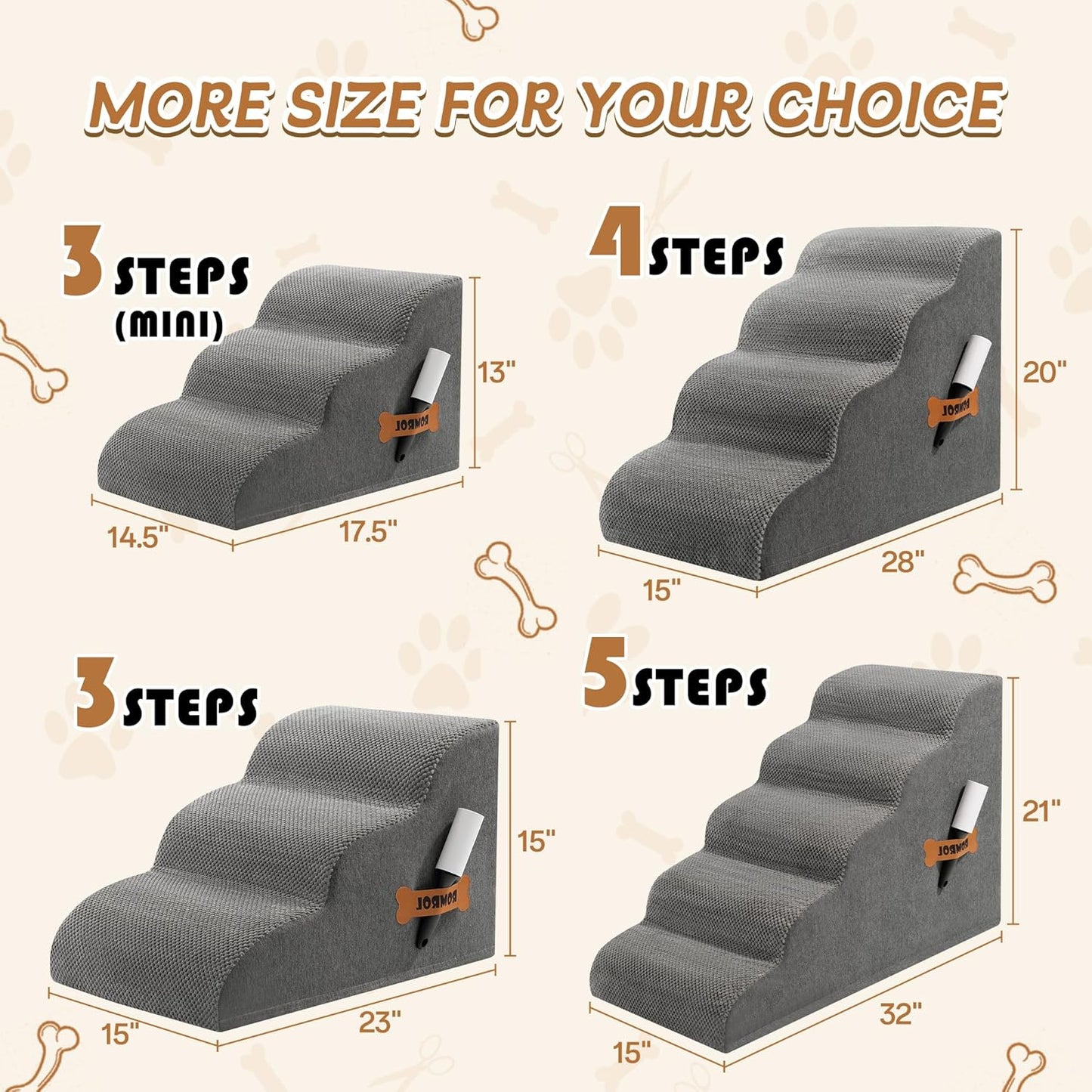 Romrol Dog Stairs Ramp for Beds Couches, 15.7” H 33D Extra Wide Pet Steps with Durable Non-Slip Waterproof Fabric Cover, Dog Slope Stairs for Small Dogs and Cats or Pets Friendly, 3-Tiers, Grey