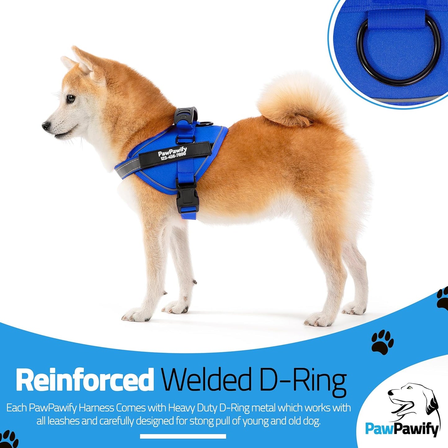 PawPawify Custom No Pull Dog Harness with Name and Phone Number, Heavy Duty Personalized Pet Vest to Prevent Tugging, Pulling, or Choking, Training and Walking (New Blue, L (40-60 LBS))