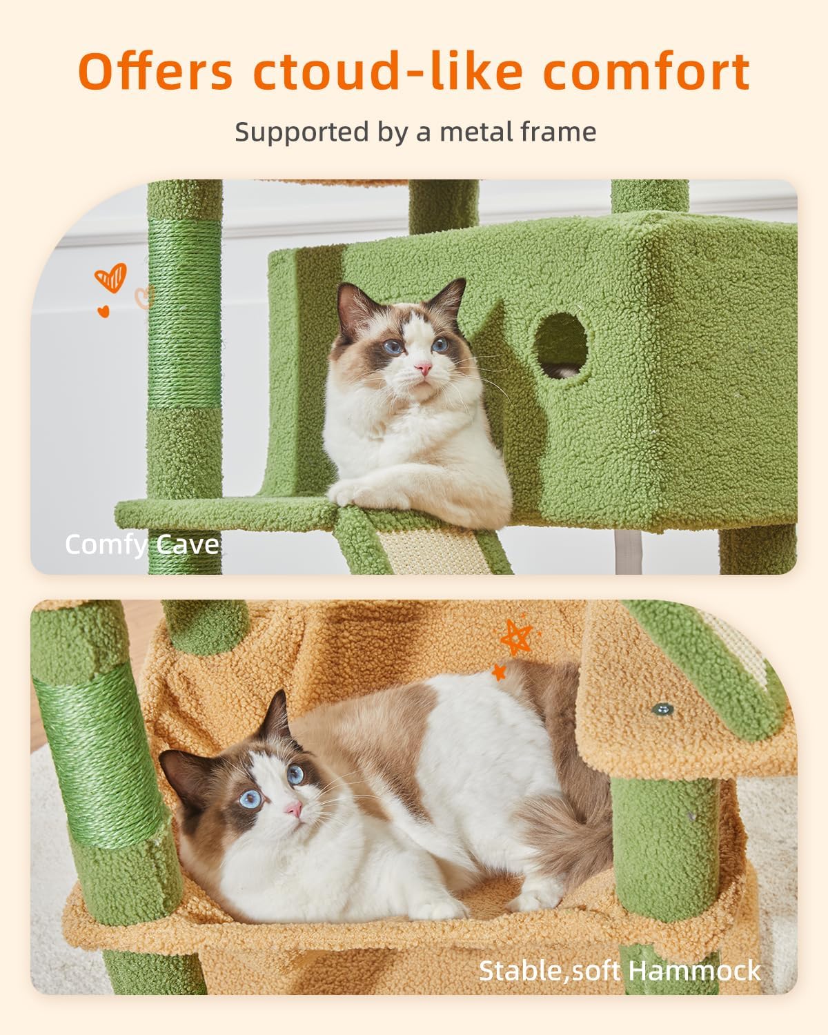 Taoqimiao Cactus Cat Tree, 57.5-Inch Cat Tower for Indoor Cats Large Adult, Extra Large Cat Condo, 8 Sisal Scratching Posts, Metal Frame Cozy Hammock, Durable Scratch Board, 2 Top Perches, MSC026